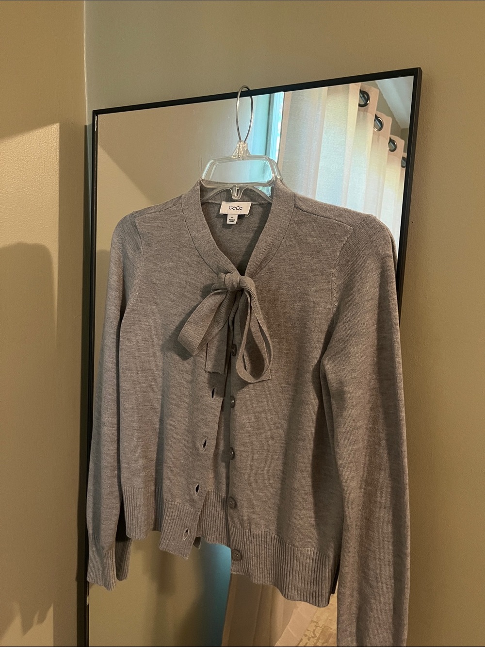 Grey Cardigan with Neck Bow Tie
